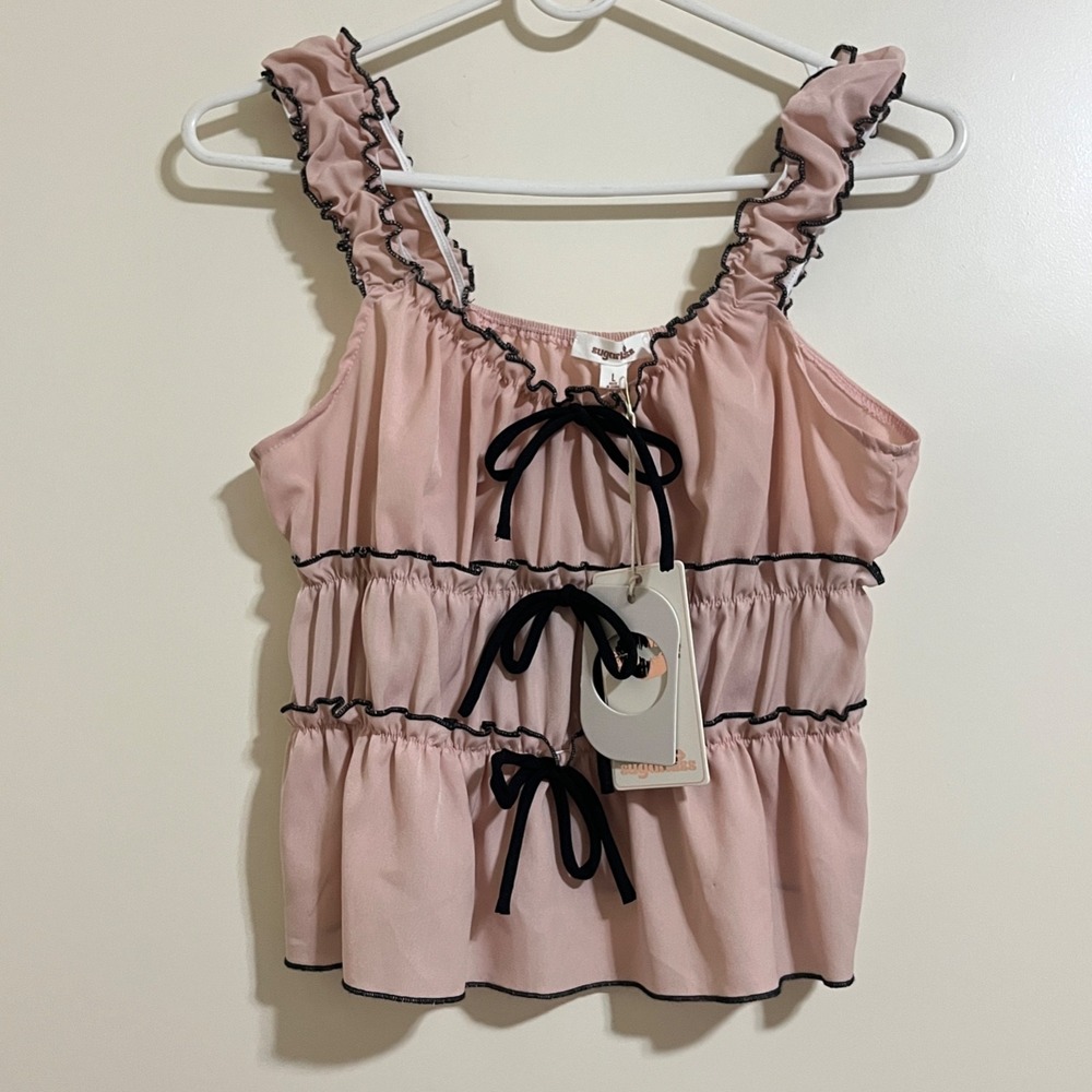 Y2K‎ Babydoll Crop Top Large Pink Ruffle Tiered Bow Coquette Romantic Soft Girl